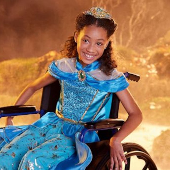 A girl in a wheelchair wearing an adaptive costume of Jasmine from 'Aladdin.'