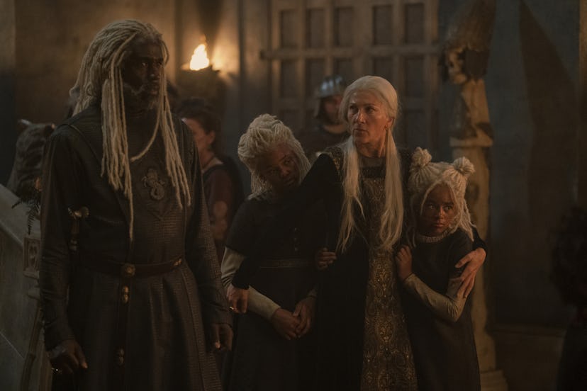 Steve Toussaint as Corlys Velaryon, Eve Best as Rhaenys Targaryen, Shani Smethurst as Baela Targarye…