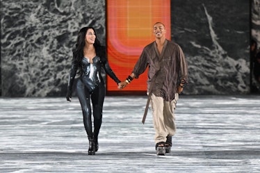 Cher and Olivier Rousteing walking the spring 2023 Balmain runway