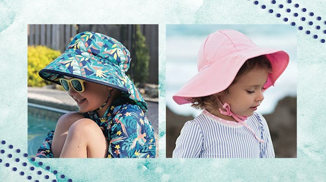 A two-part collage of two toddlers wearing 2 of the best toddler sun hats