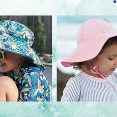 A two-part collage of two toddlers wearing 2 of the best toddler sun hats