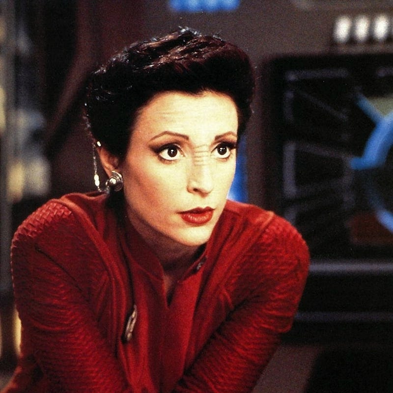 Nana Visitor as Kira in Star Trek: Deep Space Nine.