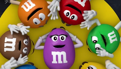 Brown, orange, red, green, purple and a part of yellow and blue M&M 