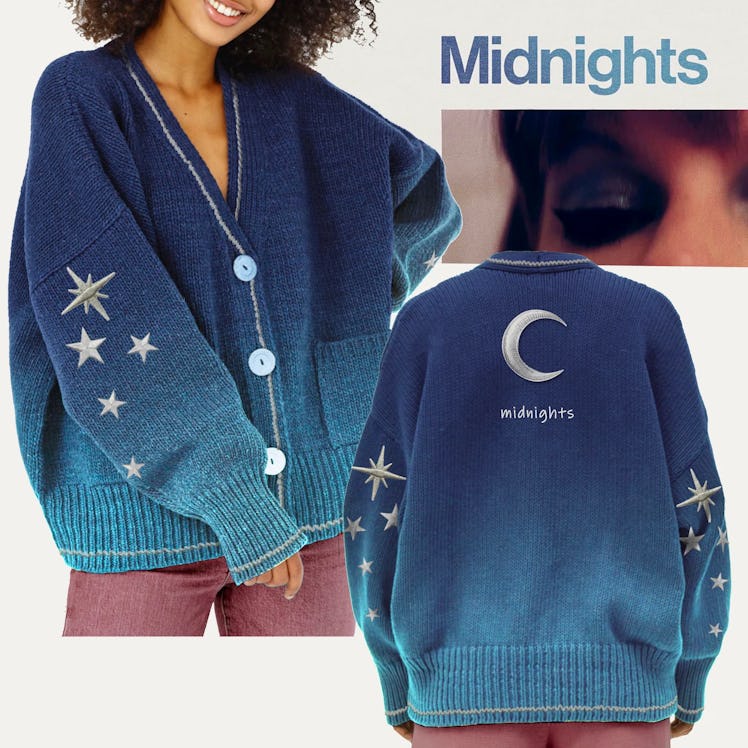 This cardigan is part of the Taylor Swift 'Midnights' merch on Etsy. 