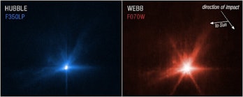 side by side images showing bright spikes of impact debris in blue (left) and red (right)