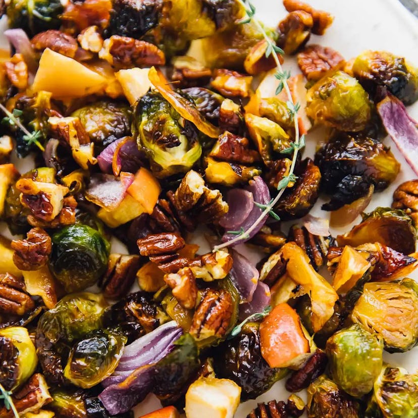 maple roasted brussels sprouts with apples and pecans