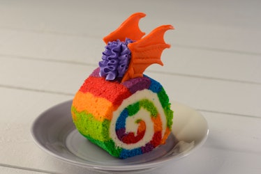 This Figment sponge cake is part of EPCOT 40th anniversary food available at Walt Disney World. 