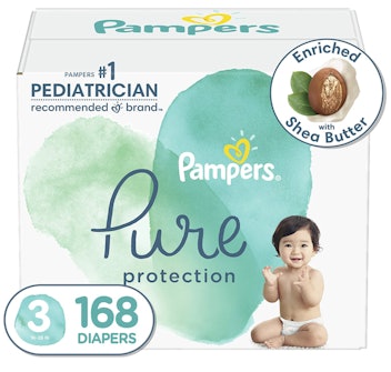 Clapping baby on Pampers Pure Diaper Packaging With Green heart