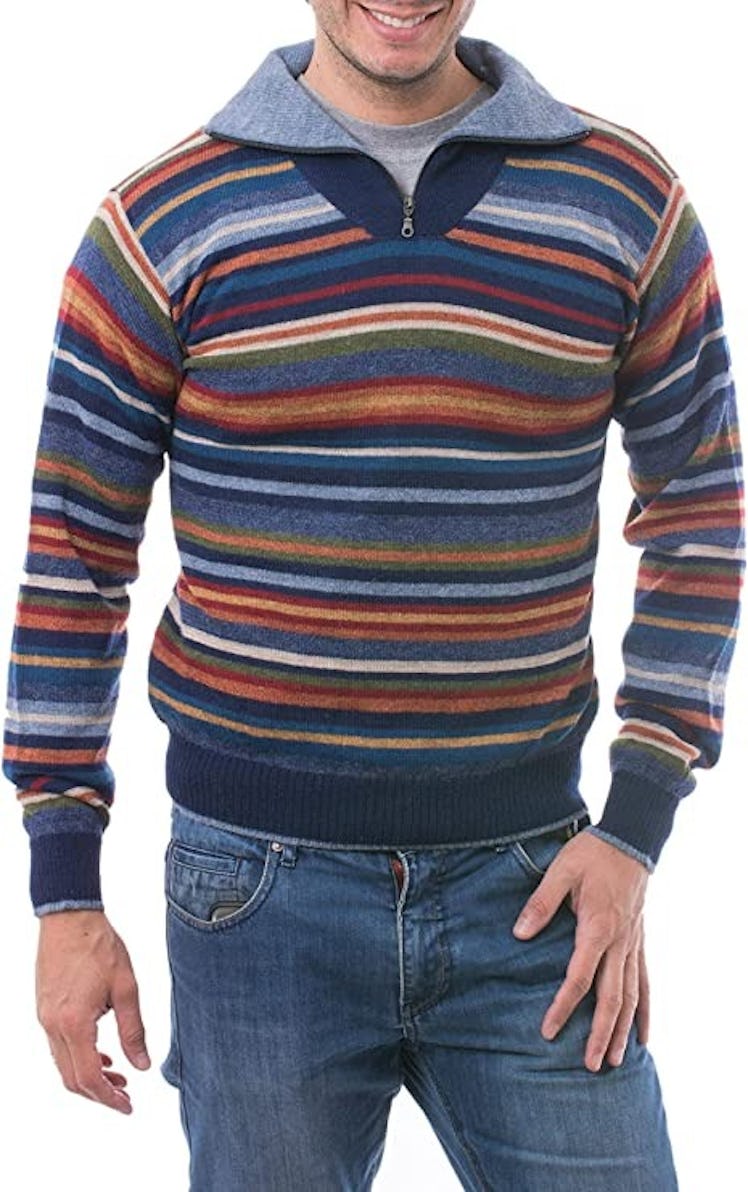 This alpaca pullover sweater features stylish stripes. 