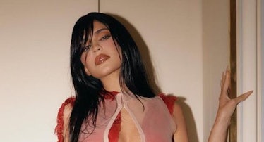 Kylie Jenner posing in a doorway wearing a sheer dress 