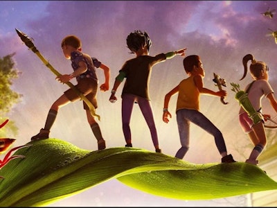 A screenshot from the survival video game 'Grounded' with four characters standing on a hill
