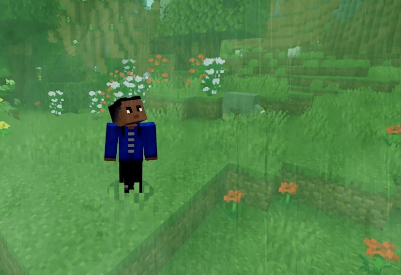 A Minecraft character surrounded by flowers in a garden 