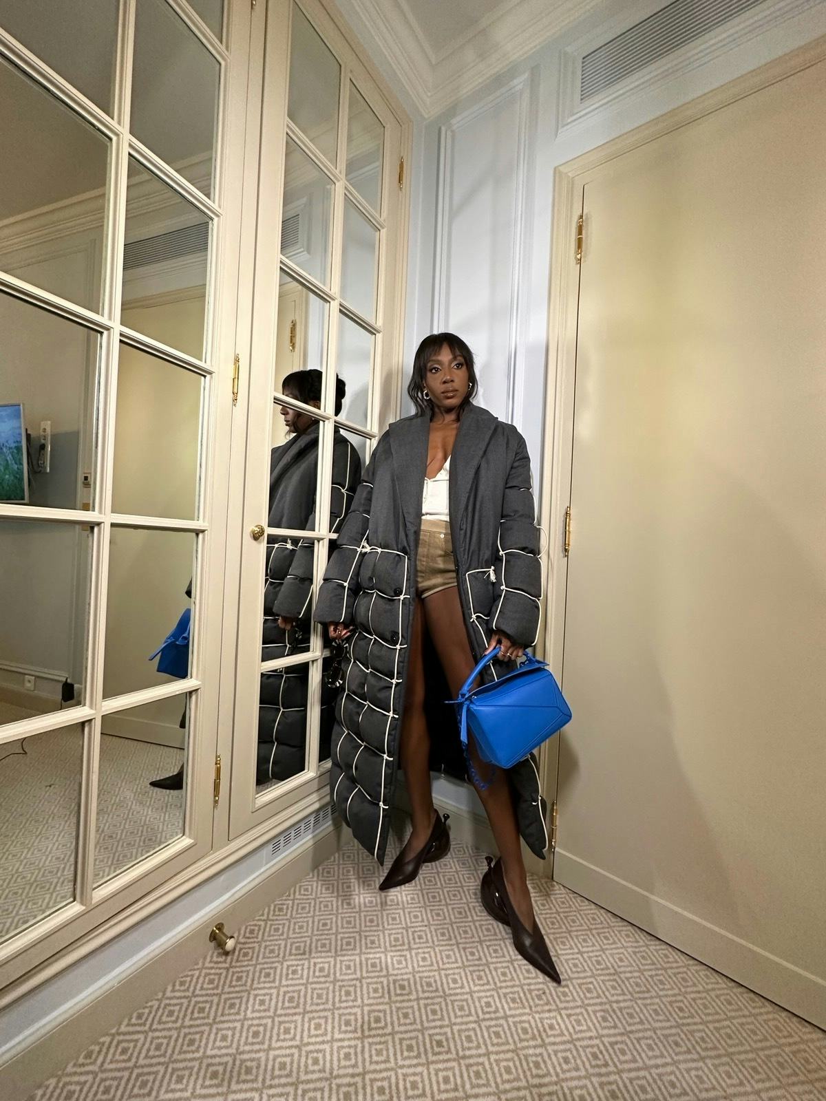 Ziwe in her Loewe outfit, ready for the show in Paris