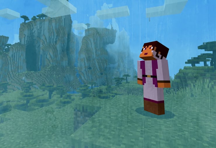 A character in Minecraft in the middle of a field surrounded by hills 