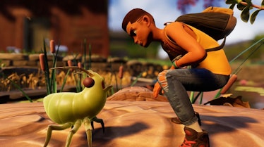 A character from the survival video game 'Grounded' leaning down to check out a bug that can be a pe...