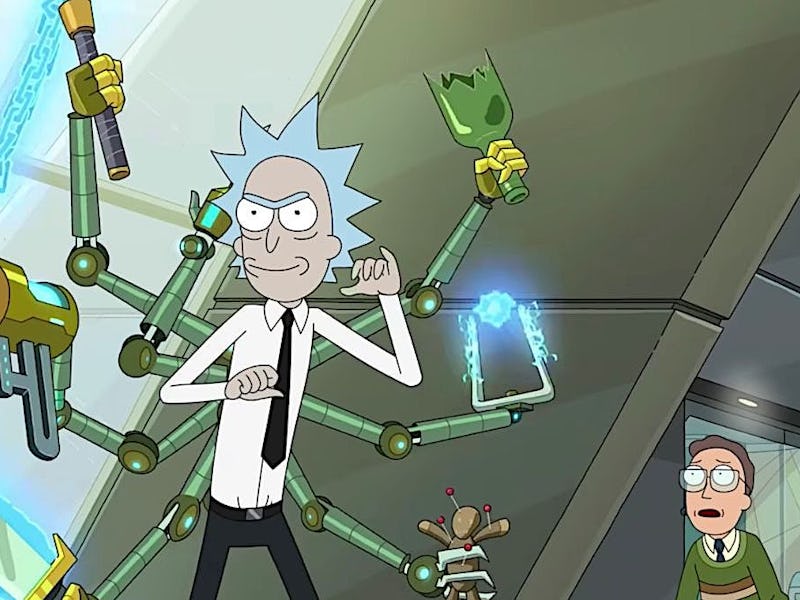 Rick with a mech suit that has multiple arms holding various weapons in Rick and Morty Season 6 Epis...