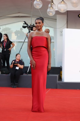 Simone Ashley attends the "Bones And All" red carpet at the 79th Venice International Film Festival 