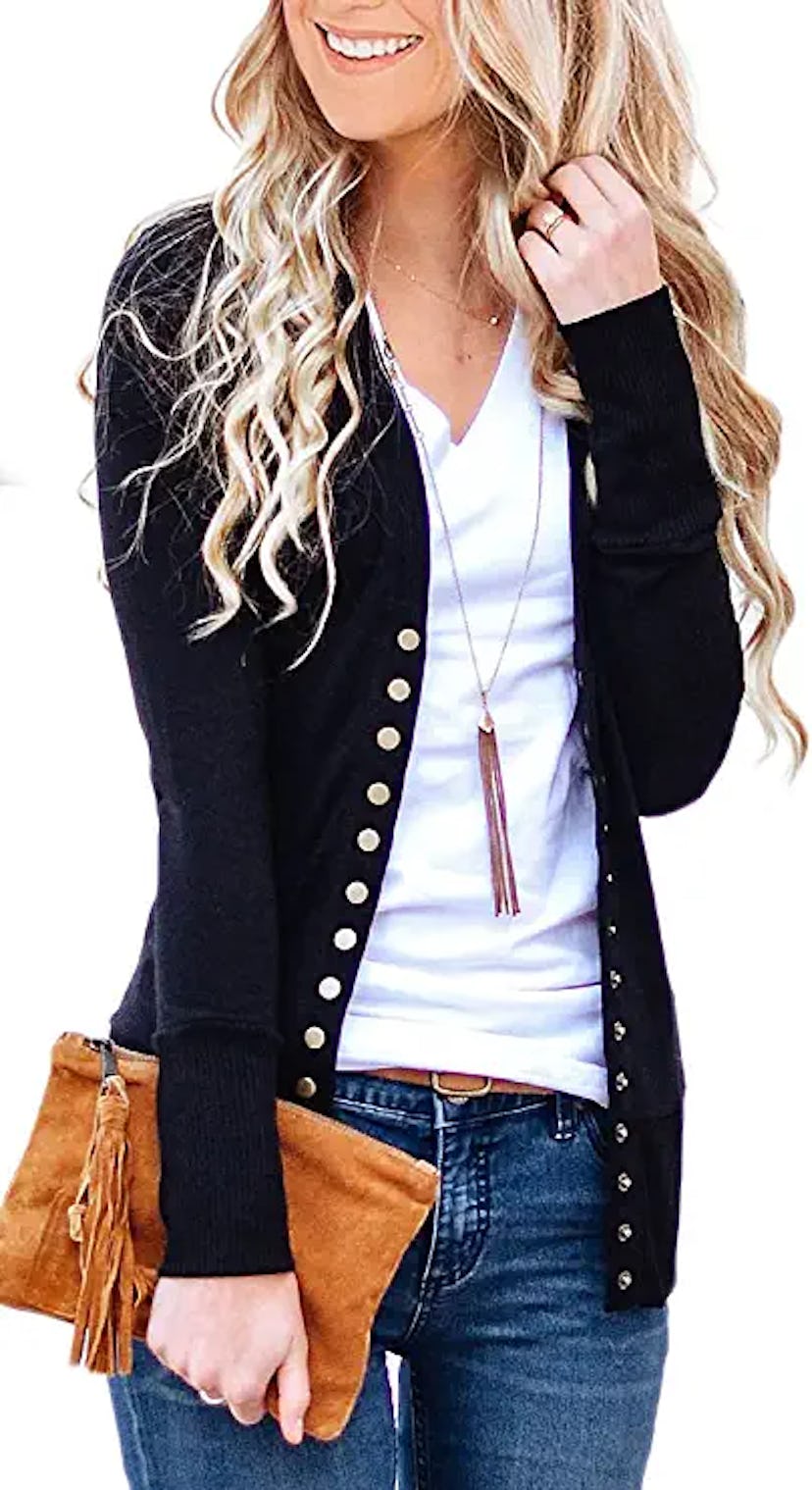 Woman wearing NENONA women's v-neck cardigan