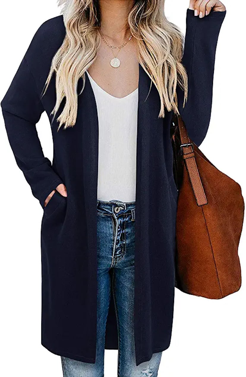 Woman wearing OUGES lightweight women's cardigan