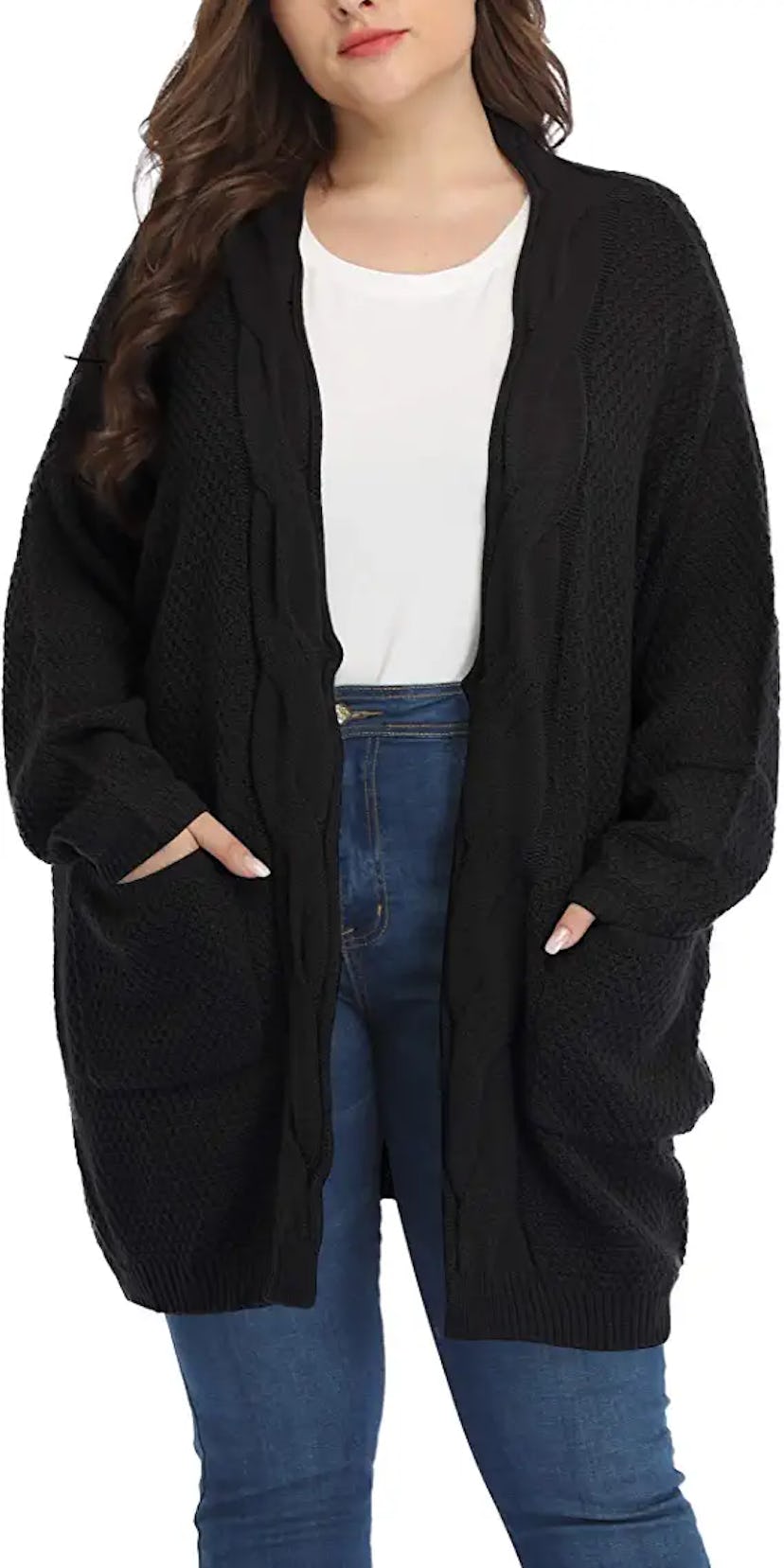 Woman wearing Shiaili plus size open front women's cardigan