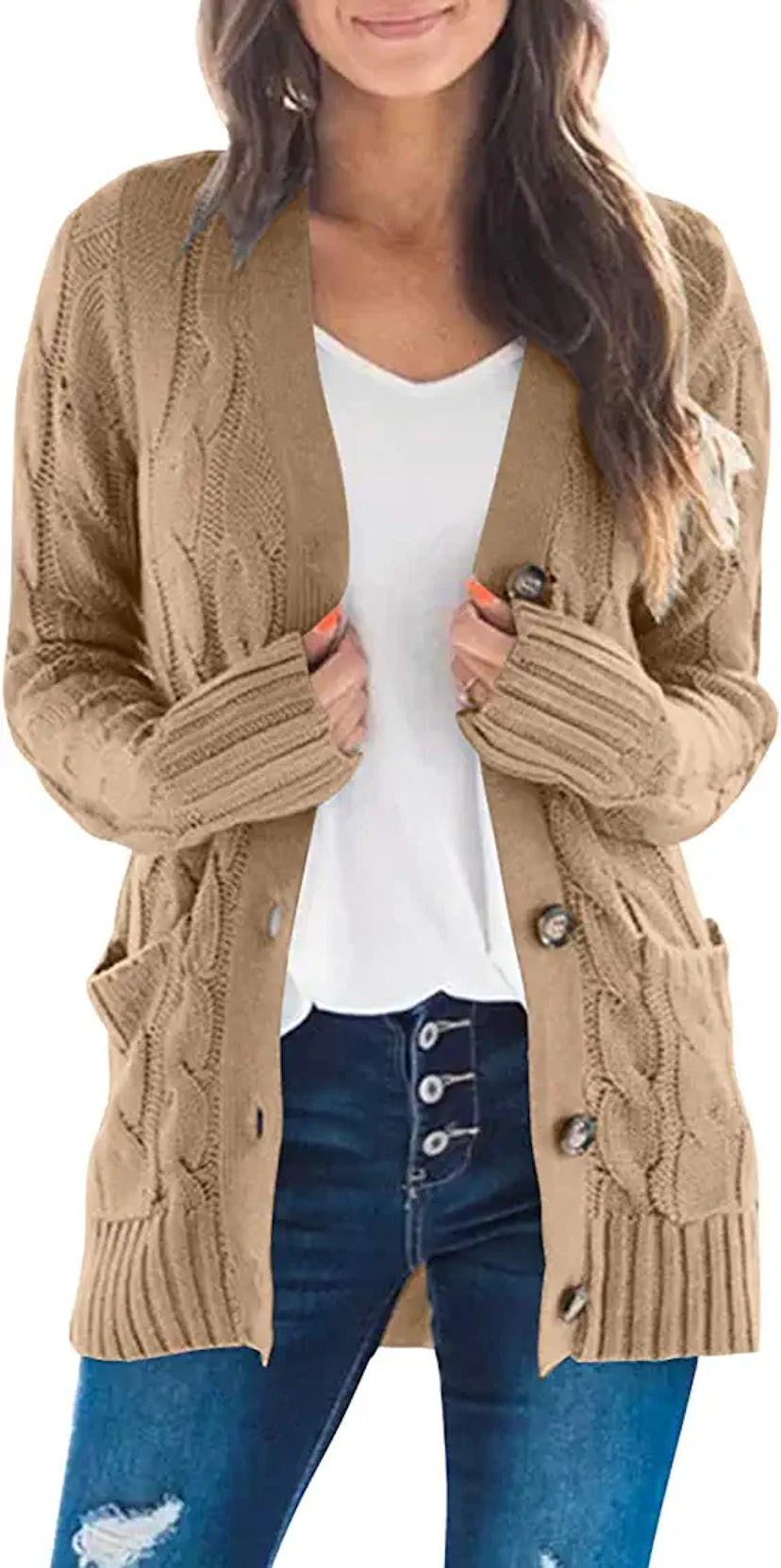 Woman wearing Merokeety long sleeve cable knit women's cardigan