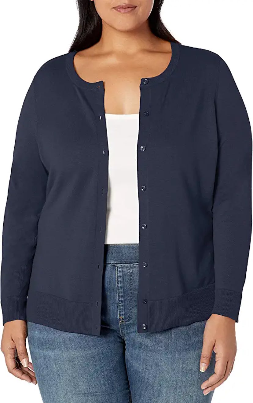 Woman wearing Amazon Essentials crewneck women's cardigan