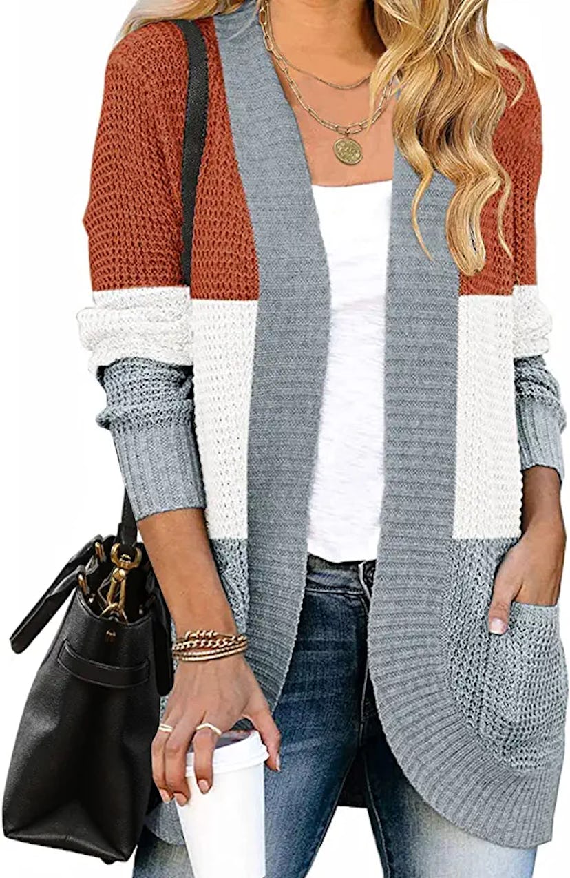 ZESICA casual open front women's cardigan in orange-white-grey colorblock