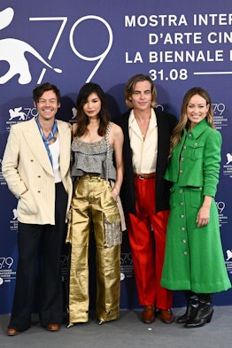  Harry Styles, Gemma Chan, Chris Pine and director Olivia Wilde attend the photocall for 'Don't Worr...