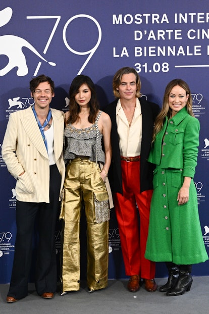  Harry Styles, Gemma Chan, Chris Pine and director Olivia Wilde attend the photocall for 'Don't Worr...