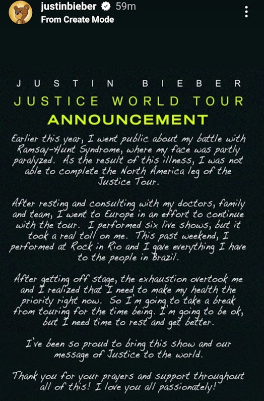 Justin Bieber announced on his Instagram Story that he's had to cancel the rest of his 'Justice' wor...