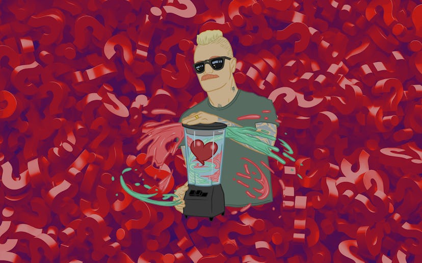 Illustration of Eve 6 Guy Max Collins in front of question marks