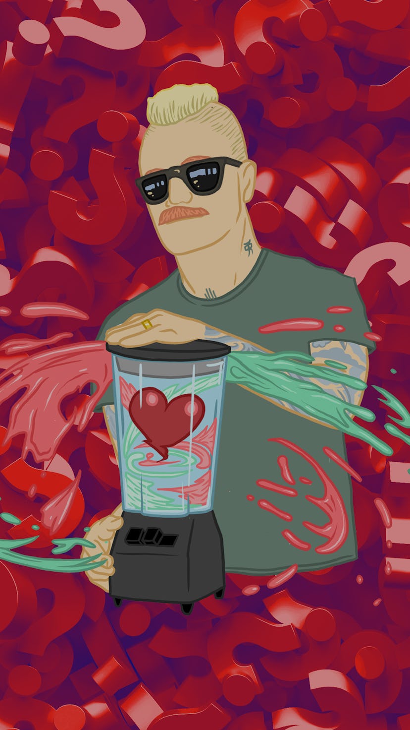 Illustration of Eve 6 Guy Max Collins in front of question marks