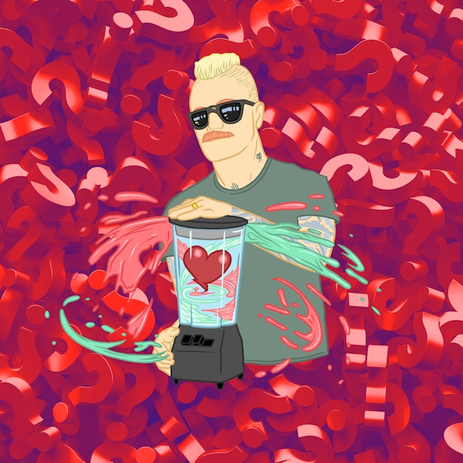 Illustration of Eve 6 Guy Max Collins in front of question marks