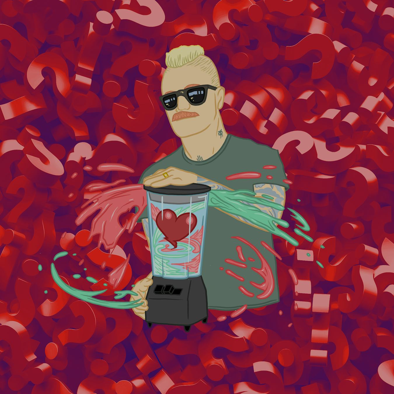 Illustration of Eve 6 Guy Max Collins in front of question marks