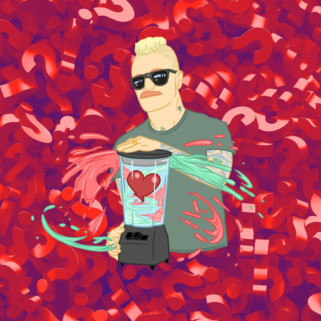 Illustration of Eve 6 Guy Max Collins in front of question marks
