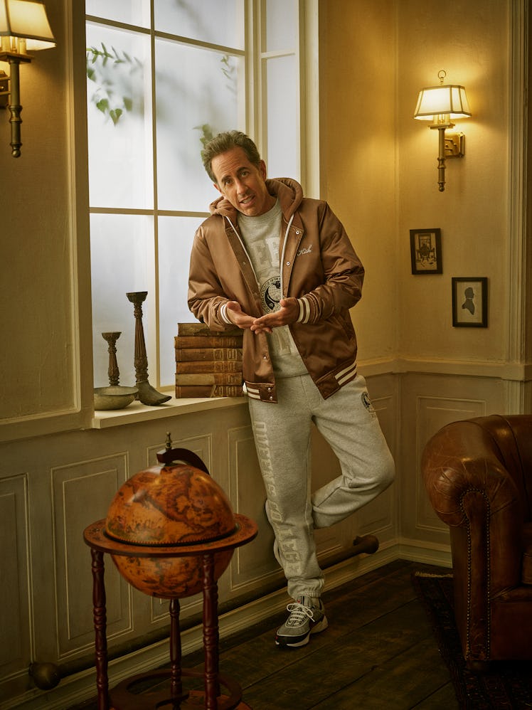 Jerry Seinfeld wearing a brown hooded jacket in a Kith campaign