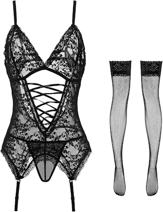 Anyou Lace Bodysuit with Stockings
