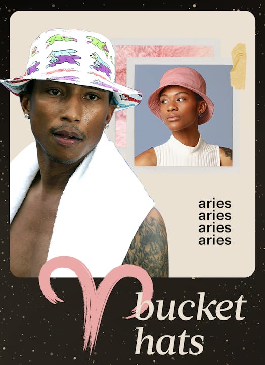 A collage of fashion trend ideas for Aries - bucket hats