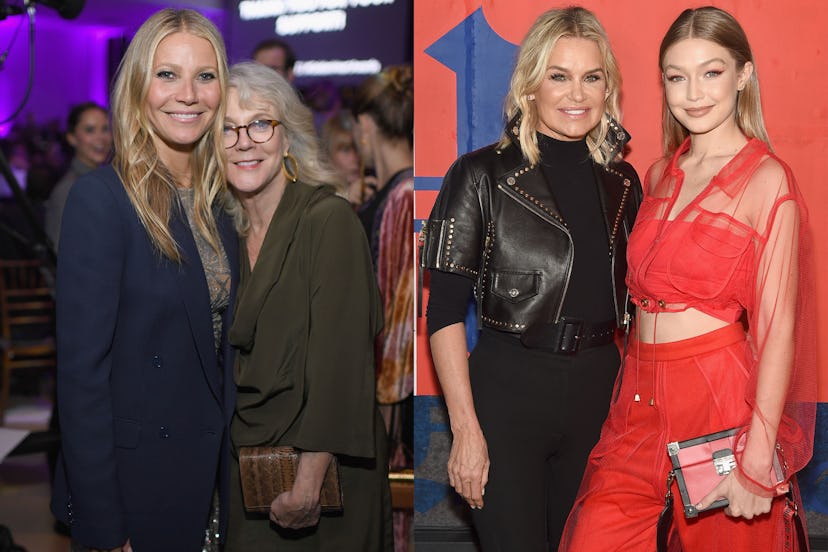 An image of Gwyneth Paltrow and her mother Blythe Danner, and an image of Gigi Hadid with her mother...