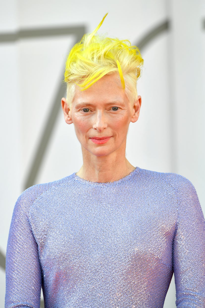 A yellow-haired Tilda Swinton at the 2022 Venice Film Festival