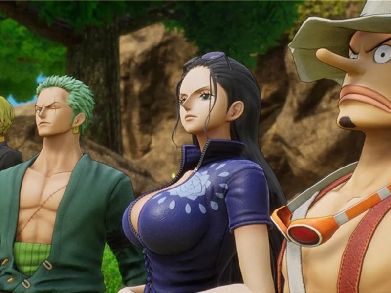 One Piece characters Zolo, Usopp, Nico Robin, and Sanji