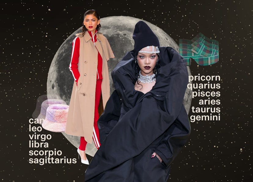 A collage of Zendaya, Rihanna, the moon and zodiac sign list