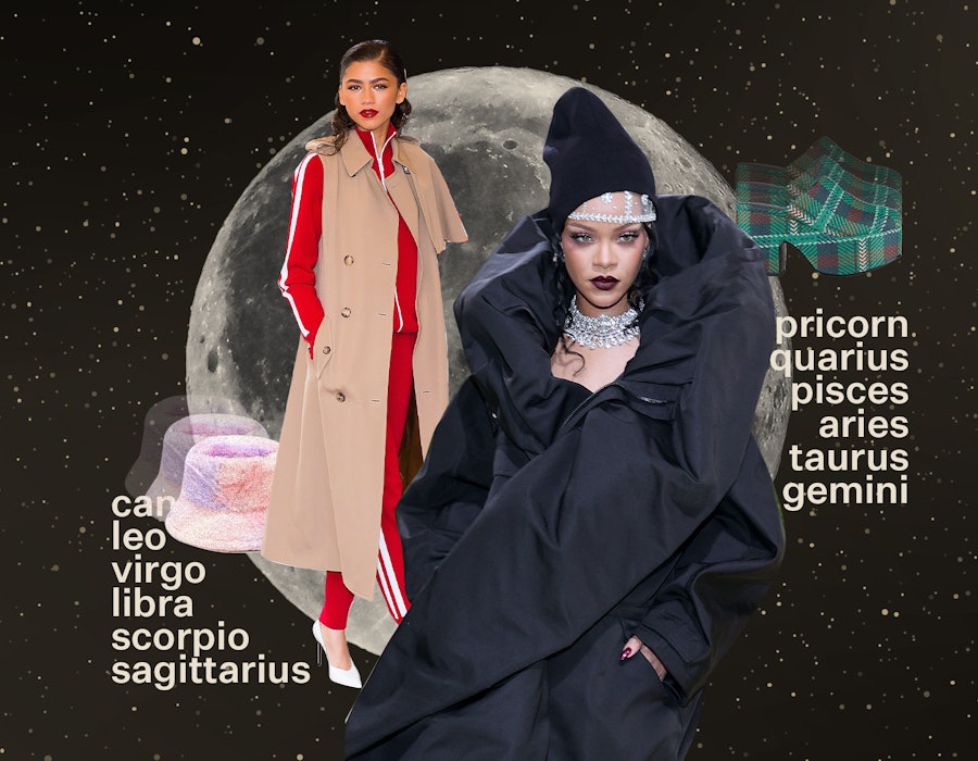 A collage of Zendaya, Rihanna, the moon and zodiac sign list
