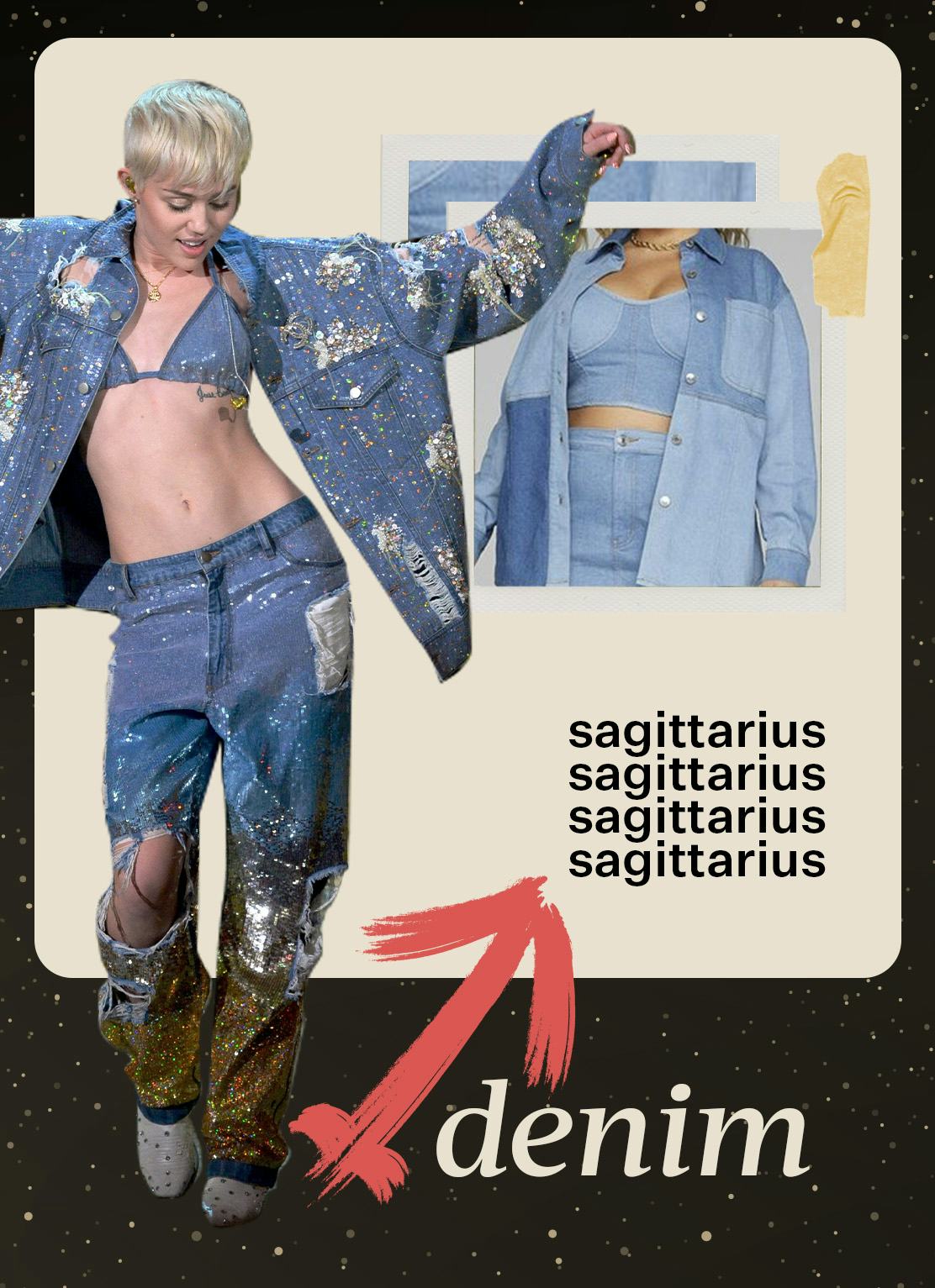 A collage of fashion trend ideas for Sagittarius - denim