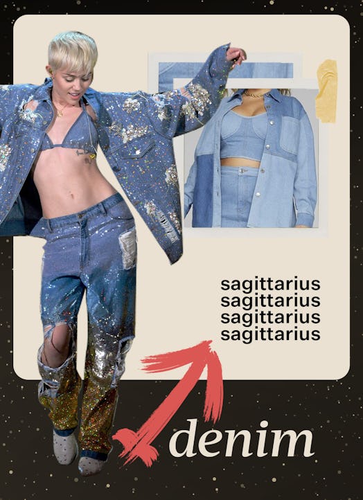 A collage of fashion trend ideas for Sagittarius - denim