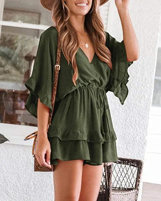 Valphsio V-Neck Ruffle Layered Drawstring Romper