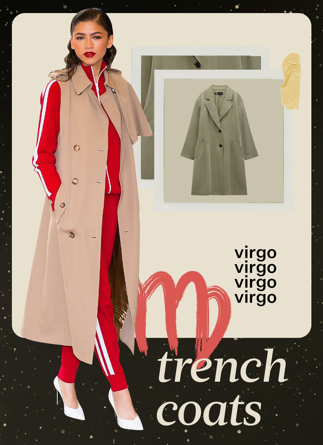 A collage of fashion trend ideas for Virgo - trench coats