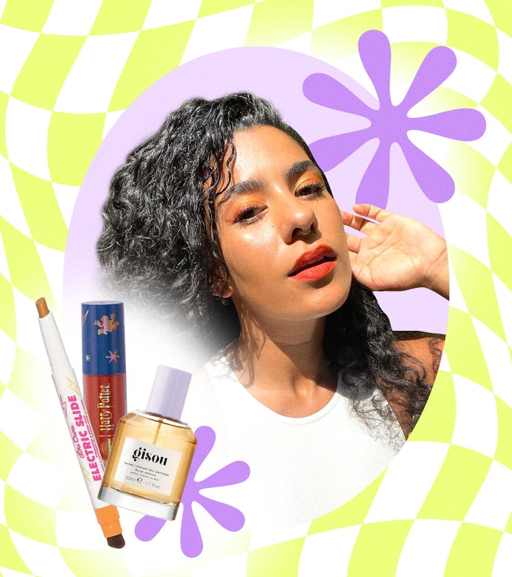 Collage of a woman with black hair, Gisou Honey Infused Hair Perfume, Brush Pen, and a glitter liner