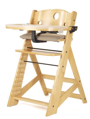 Tan woodgrain Keekaroo high chair with tray