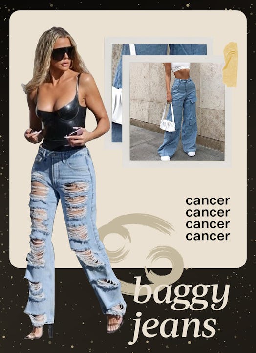A collage of fashion trend ideas for Cancer - baggy jeans